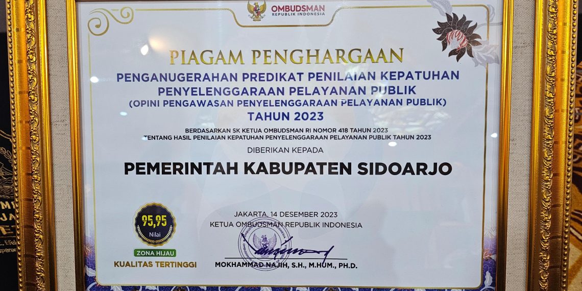 Pelayanan Publik Sidoarjo Zona Hijau Kualitas Tertinggi, Ombudsman RI Beri Nilai 95,95